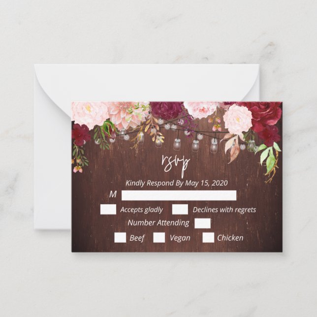 Cartão De Notas RSSVP Burgundy Flower Wood Mason Jar Lights Postca (Frente)