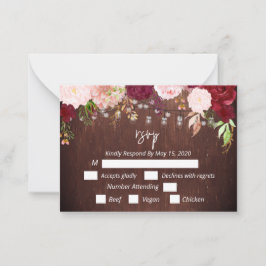 Cartão De Notas RSSVP Burgundy Flower Wood Mason Jar Lights Postca
