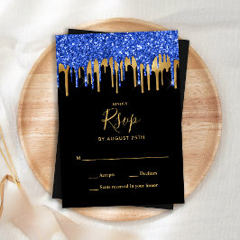 Cartão De Notas RSVP de Casamento de Glitter Dourado Azul-Preto El