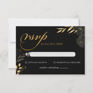 Cartão De Notas RSVP de Casamento Elegante Floral Dourado Moderno