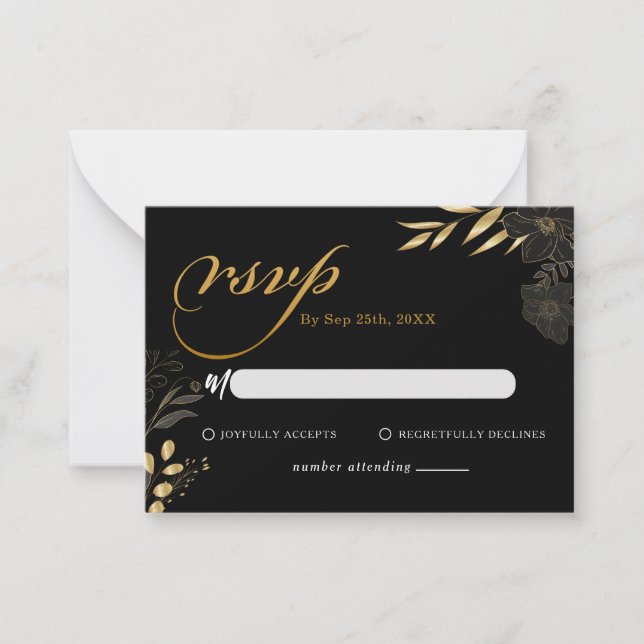 Cartão De Notas RSVP de Casamento Elegante Floral Dourado Moderno  (Frente)