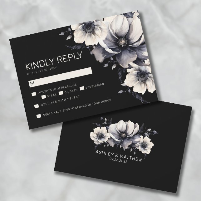 Cartão De Notas RSVP de Casamento Floral Negro Moderno Elegante (Elegant Modern Black Floral Wedding RSVP Note Card)