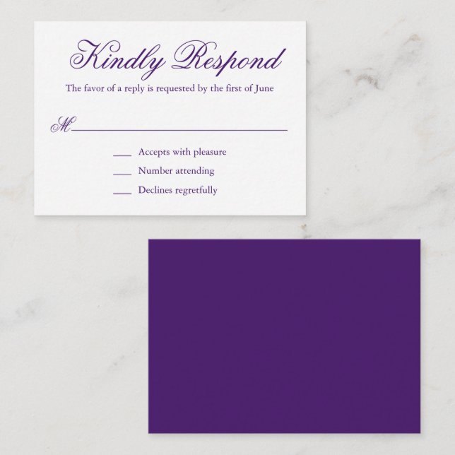 Cartão De Notas RSVP de Casamento Formal Roxo Tradicional (Frente/Verso)