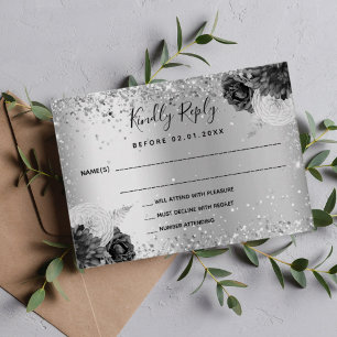 Cartão De Notas RSVP de casamento monocromático com flores pratead