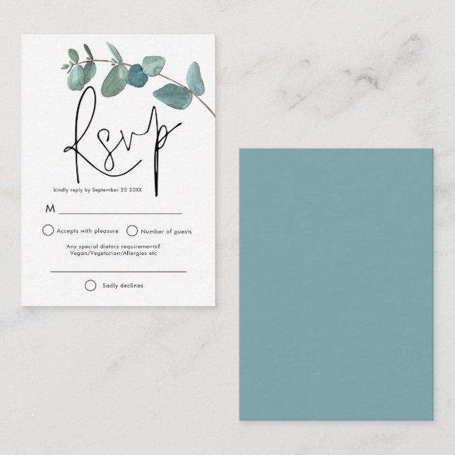 Cartão De Notas RSVP de Script Elegante Eucalyptus Turquoise de MI (Frente/Verso)