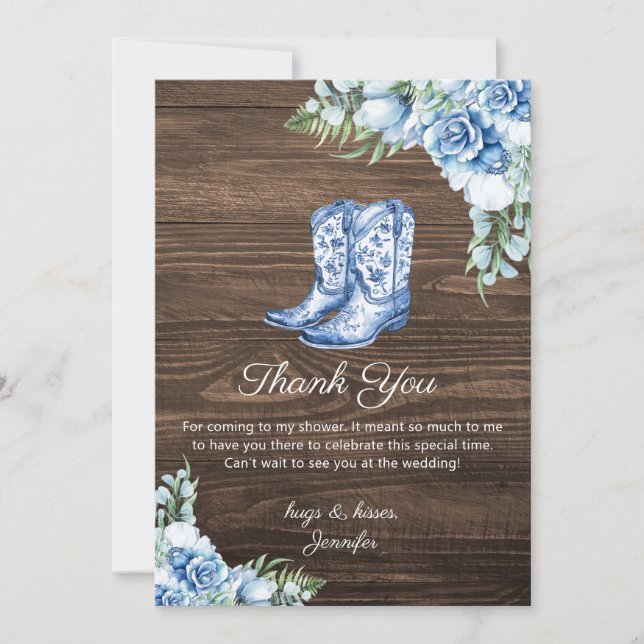 Cartão De Notas Rustic Blue Cowgirl Boots Bridal Shower Thank You  (Frente)