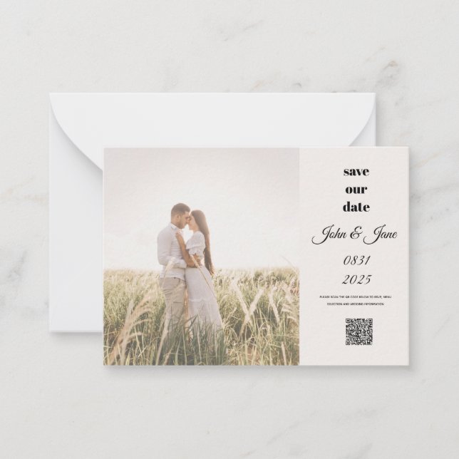 Cartão De Notas Rustic Field Photo Save the Date with QR Code (Frente)