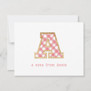 Cartão De Notas Rustic & Preppy "A" Pink Gingham em Wood Girly