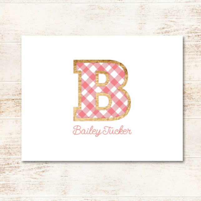 Cartão De Notas Rustic & Preppy "B" Pink Gingham em Wood Girly (Criador carregado)