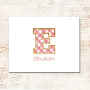Cartão De Notas Rustic & Preppy "E" Pink Gingham em Wood Girly