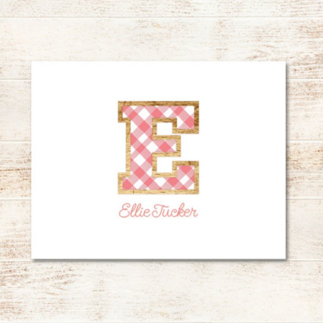 Cartão De Notas Rustic & Preppy "E" Pink Gingham em Wood Girly (Criador carregado)