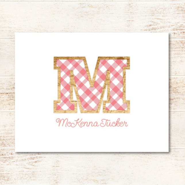 Cartão De Notas Rustic & Preppy "M" Pink Gingham em Wood Girly (Criador carregado)
