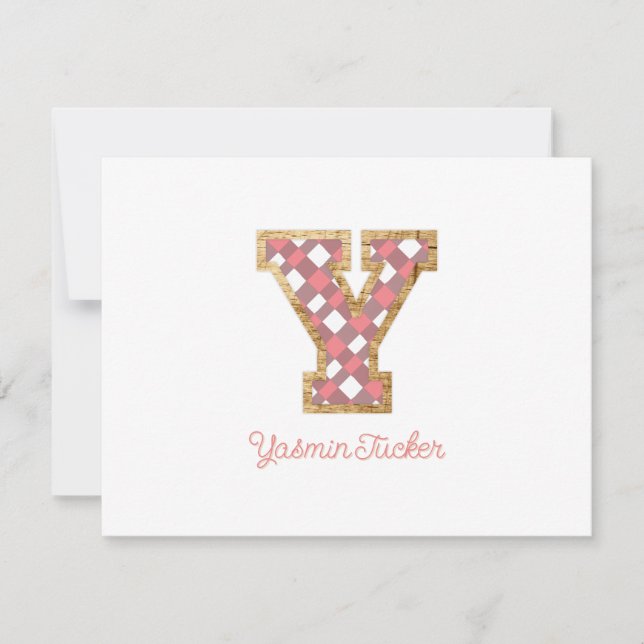 Cartão De Notas Rustic & Preppy "Y" Pink Gingham em Wood Girly (Frente)