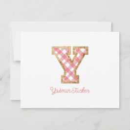 Cartão De Notas Rustic & Preppy "Y" Pink Gingham em Wood Girly