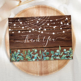 Cartão De Notas Rustic String Lights Eucalyptus Wedding Obrigado