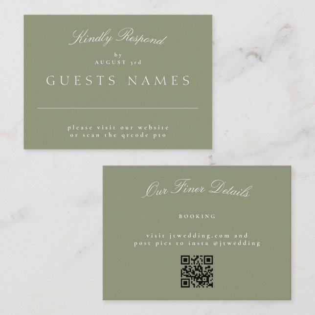 Cartão De Notas Sage Green Elegant Classic Weding QR CODE RSVP (Frente/Verso)
