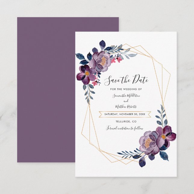Cartão De Notas Salvar a Data Floral Roxo Geométrico Script (Frente/Verso)