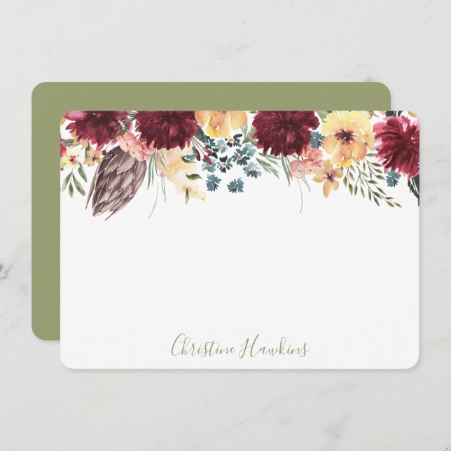 Cartão De Notas Sangue Floral de Vinho por Aquarela Personalizada (Frente/Verso)