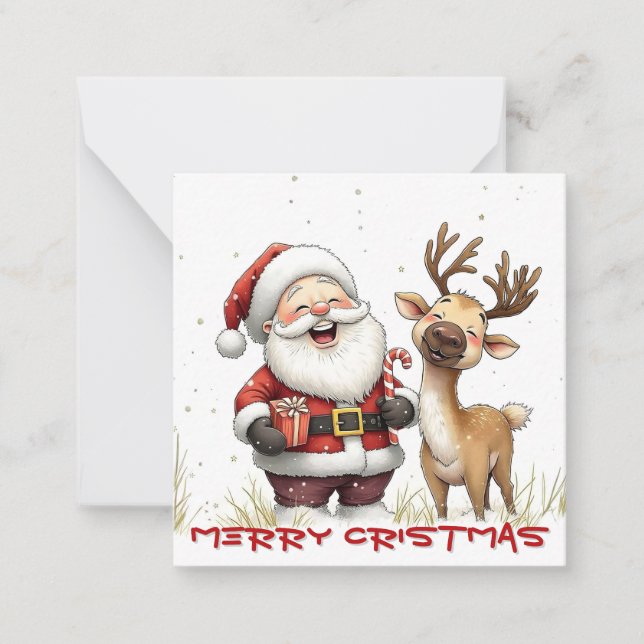 Cartão De Notas Santa and Reindeer in Festive Cartoon Style (Frente)
