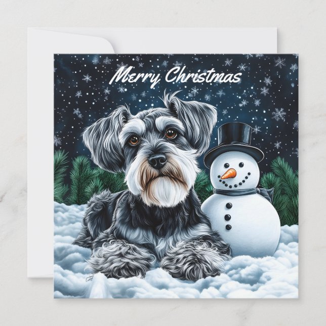 Cartão De Notas Schnauzer e Snowman Pack de Natal plano (Frente)