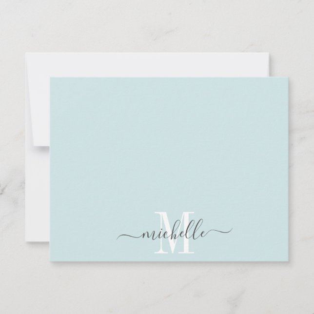 Cartão De Notas Script Branco Azul Pastel Monograma Personalizado (Frente)