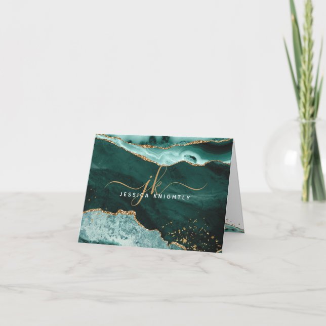 Cartão De Notas Script de Monograma Dourado Glitter Geode Agate Tu (Frente)