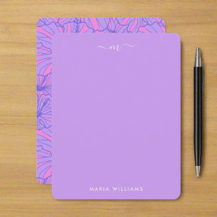 Cartão De Notas Script de Monograma Floral Simples Girly Purple Br