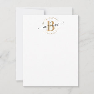 Cartão De Notas Script de Nome Dourado Branco Girly Modern Monogra