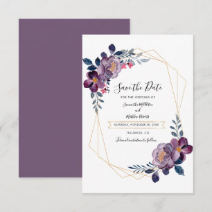 Cartão De Notas Script Geométrico Roxo Floral Salvar a Data