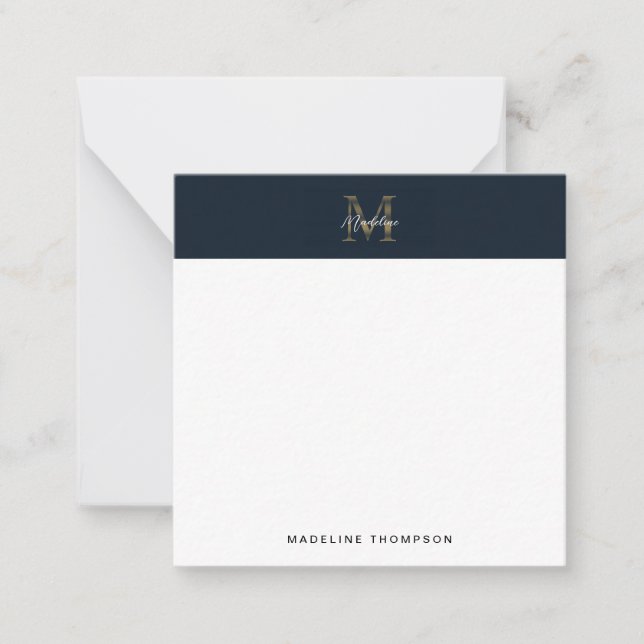 Cartão De Notas Script Metallic Monograma Quadrado Mini Azul Marin (Frente)