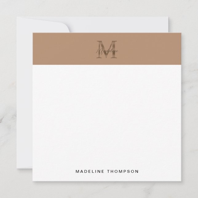 Cartão De Notas Script Metallic Taupe Gold Monogram Square (Frente)