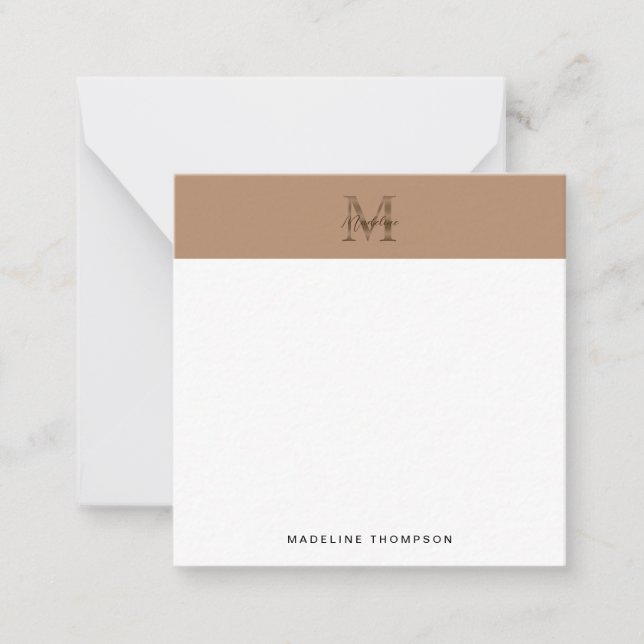 Cartão De Notas Script Metallic Taupe Gold Monogram Square (Frente)