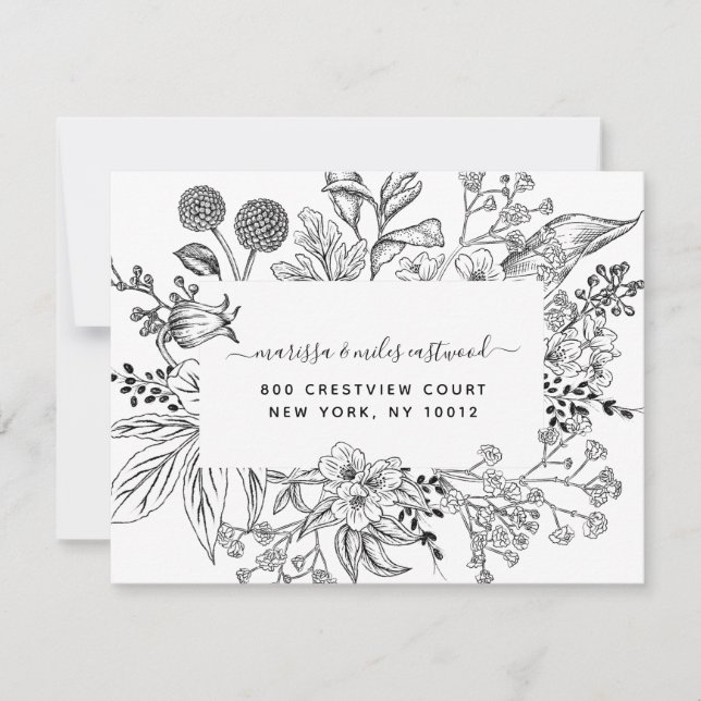 Cartão De Notas Script Preto Branco Floral Personalizado Botânico  (Frente)