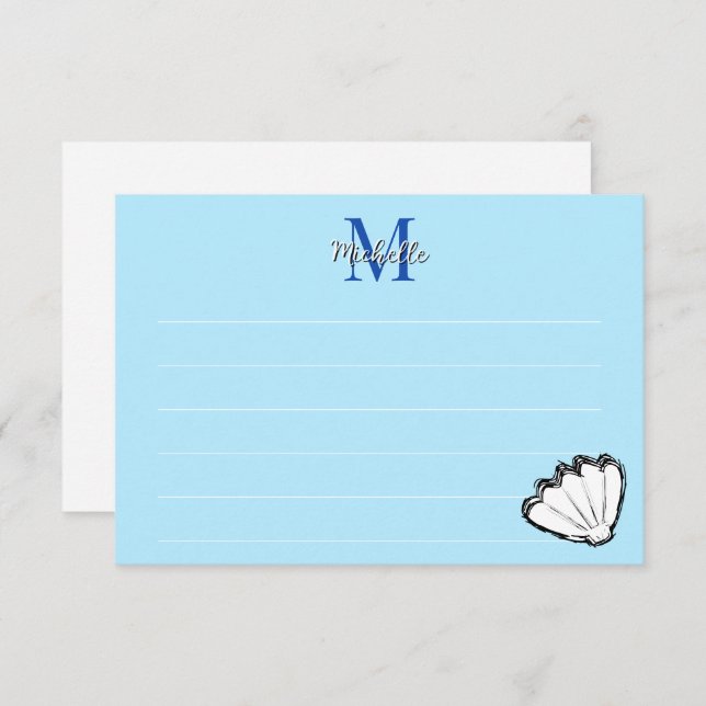 Cartão De Notas Seashell Sketch White And Blue Lined Monogram (Frente/Verso)