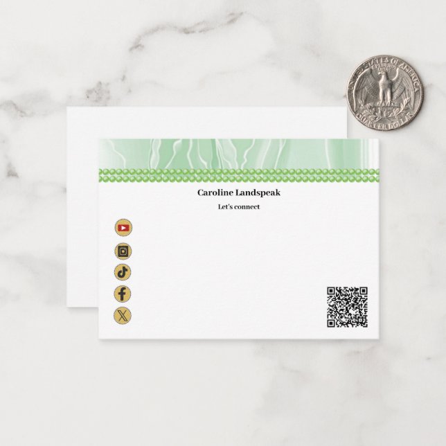 Cartão De Notas Seda Verde Elegante, Mídia Social e Código QR (Frente/Verso In Situ)