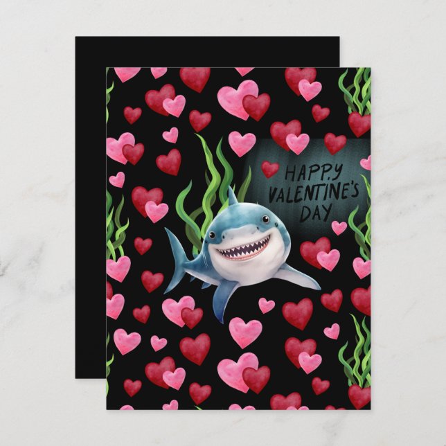 Cartão De Notas Shark Love Valentine’s Day Card in Black (Frente/Verso)