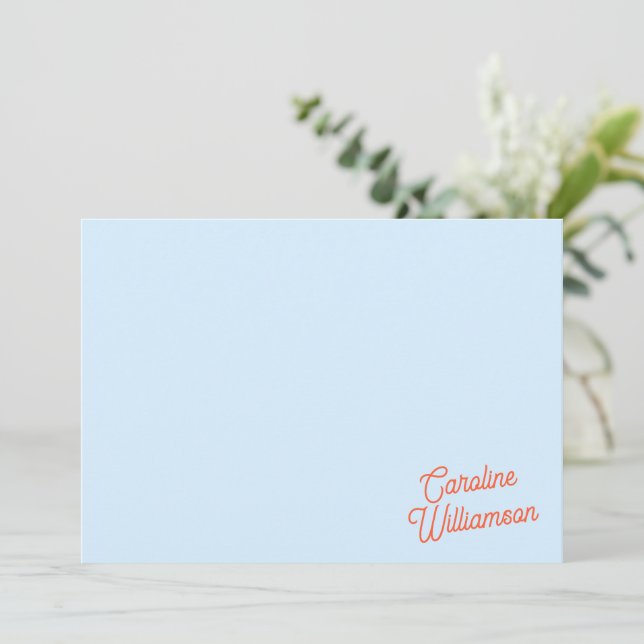 Cartão De Notas Simple Blue Orange Script Personalized Stationery (Em pé/Frente)