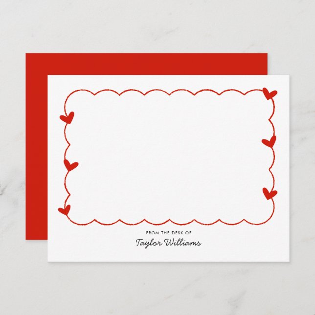 Cartão De Notas Simple Candy Red Wavy Border Heart Stationery (Frente/Verso)