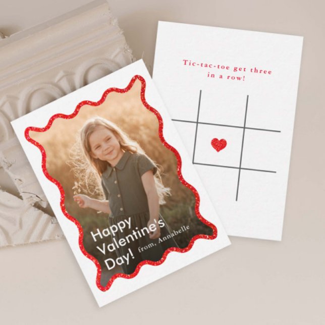 Cartão De Notas Simple Modern Kids Photo Classroom Valentine's (Modern Kids Photo Classroom Valentine's Day Card with Tic-Tac-Toe game on the back.)
