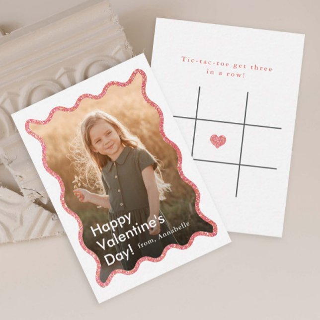 Cartão De Notas Simple Modern Kids Photo Classroom Valentine's (Modern Kids Photo Classroom Valentine's Day Card with Tic-Tac-Toe game on the back.)