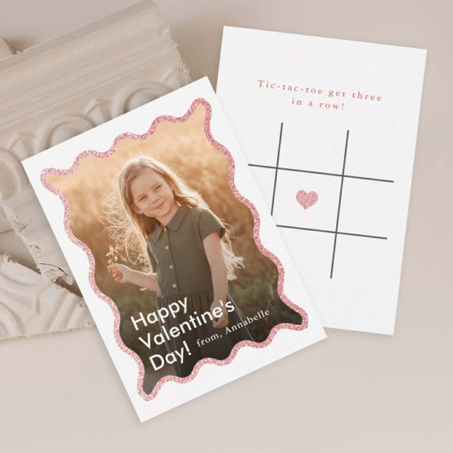Cartão De Notas Simple Modern Kids Photo Classroom Valentine's (Modern Kids Photo Classroom Valentine's Day Card with Tic-Tac-Toe game on the back.)