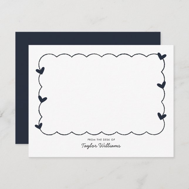 Cartão De Notas Simple Navy Blue Wavy Border Heart Stationery (Frente/Verso)