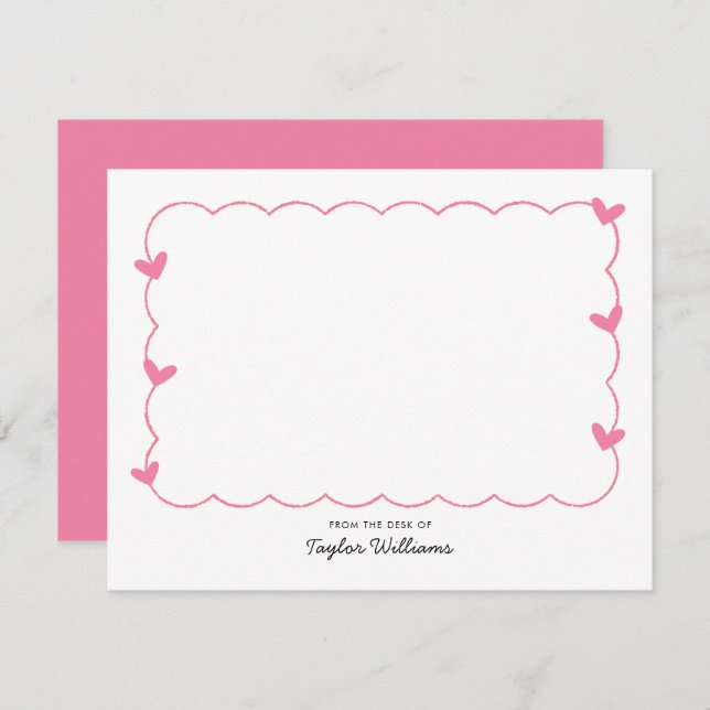 Cartão De Notas Simple Pink Wavy Border Heart Stationery (Frente/Verso)