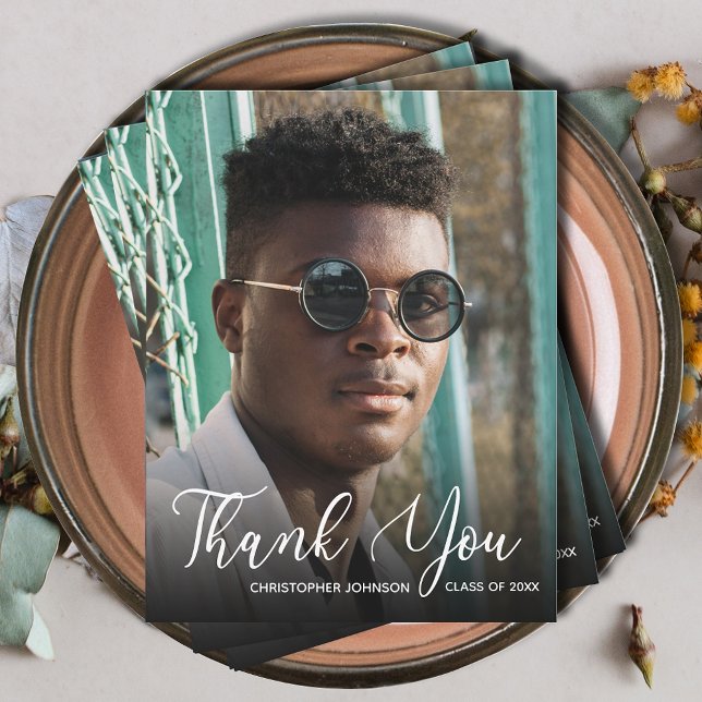 Cartão De Notas Simples Agradecimento de Formatura em Foto (Simple photo graduation thank you flat note cards with your message on the back)