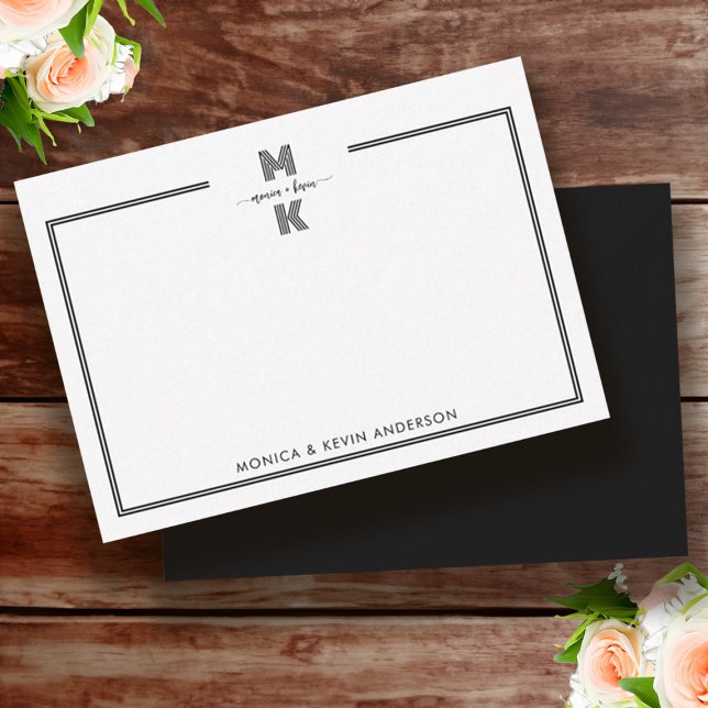 Cartão De Notas Simples Elegante Preto Branco Casal de Casamento M (Wedding Couple Black White Elegant Simple Monogram Note Card)