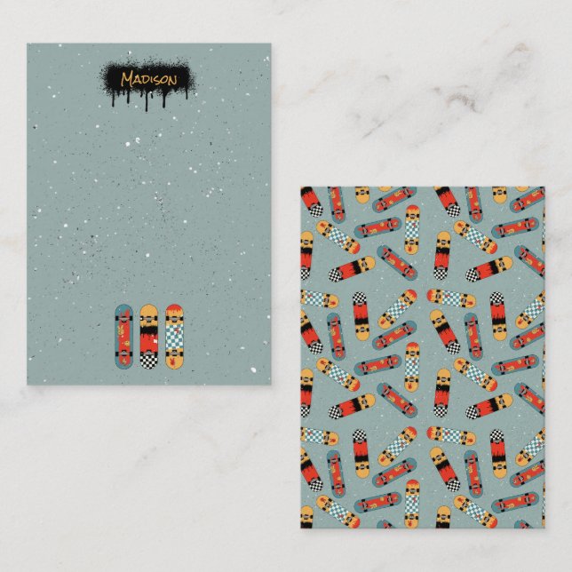 Cartão De Notas Skate Retro Azul Legal Nome Personalizado Crianças (Frente/Verso)