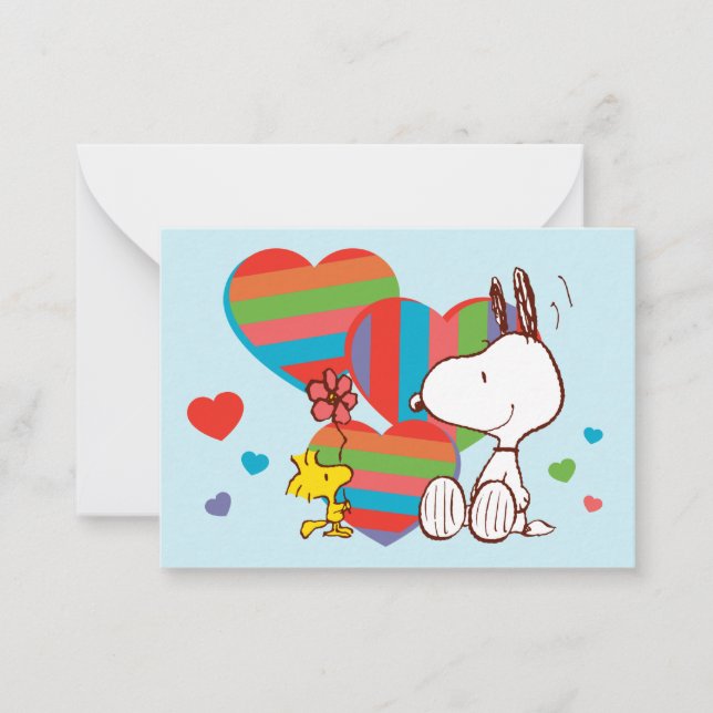Cartão De Notas Snoopy & Woodstock Rainbow Heart Valentine (Frente)