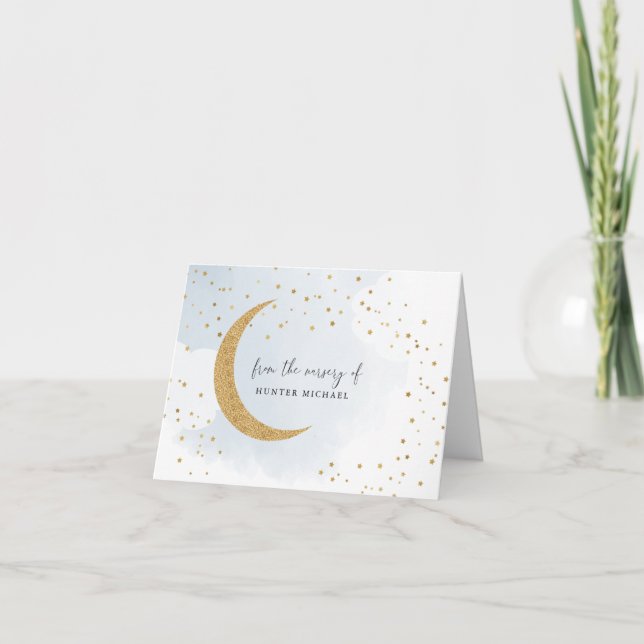 Cartão De Notas Sobre a Lua Dourada e Azul, do berçário de... (Frente)