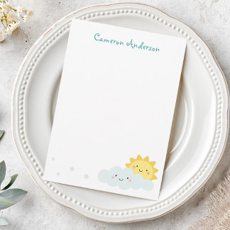 Cartão De Notas Sol e nuvem kawaii fofos com texto de nome persona