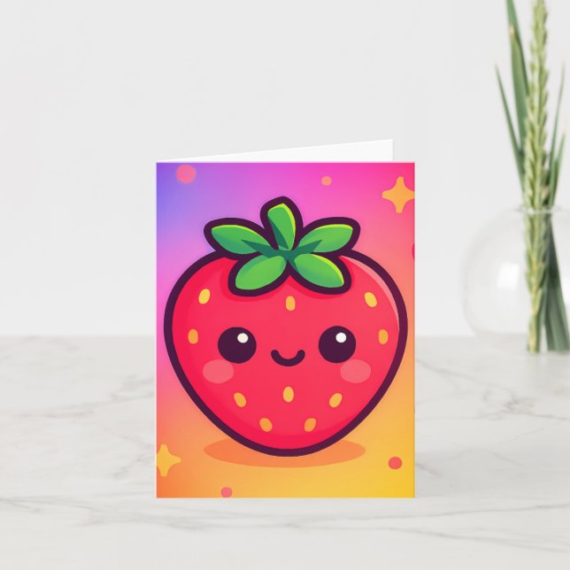 Cartão De Notas Sorrindo Kawaii Strawberry no moinho de gradiente  (Frente)